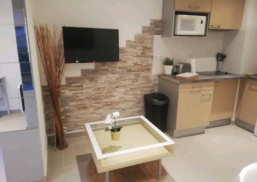 A modern kitchen with a flat-screen TV mounted on the wall, a small table with a potted plant, and a microwave on the countertop.
