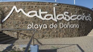 Un muro de piedra con el texto 'Matalascanes playa de Donana', indicando una ubicación o nombre de propiedad.