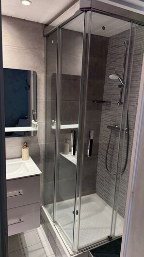Un baño moderno con ducha envuelta en vidrio, un lavabo blanco y un espejo encima.