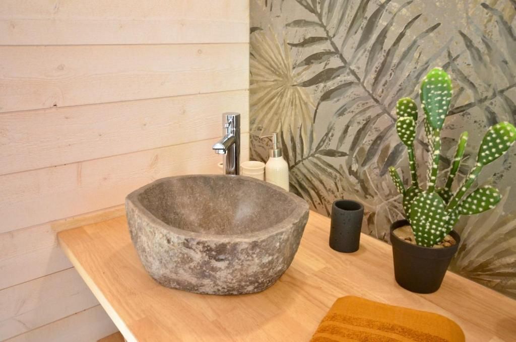 Un lavabo de piedra con un grifo, un cactus en maceta y una taza negra pequeña sobre una encimera de madera.