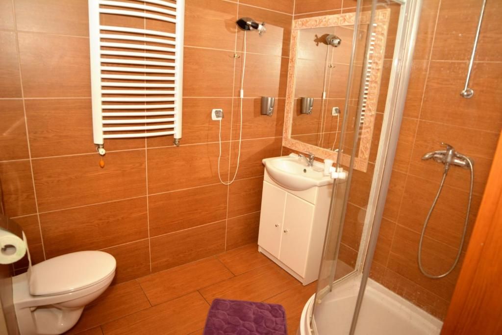 A bathroom with a toilet, sink, shower, and a mirror.