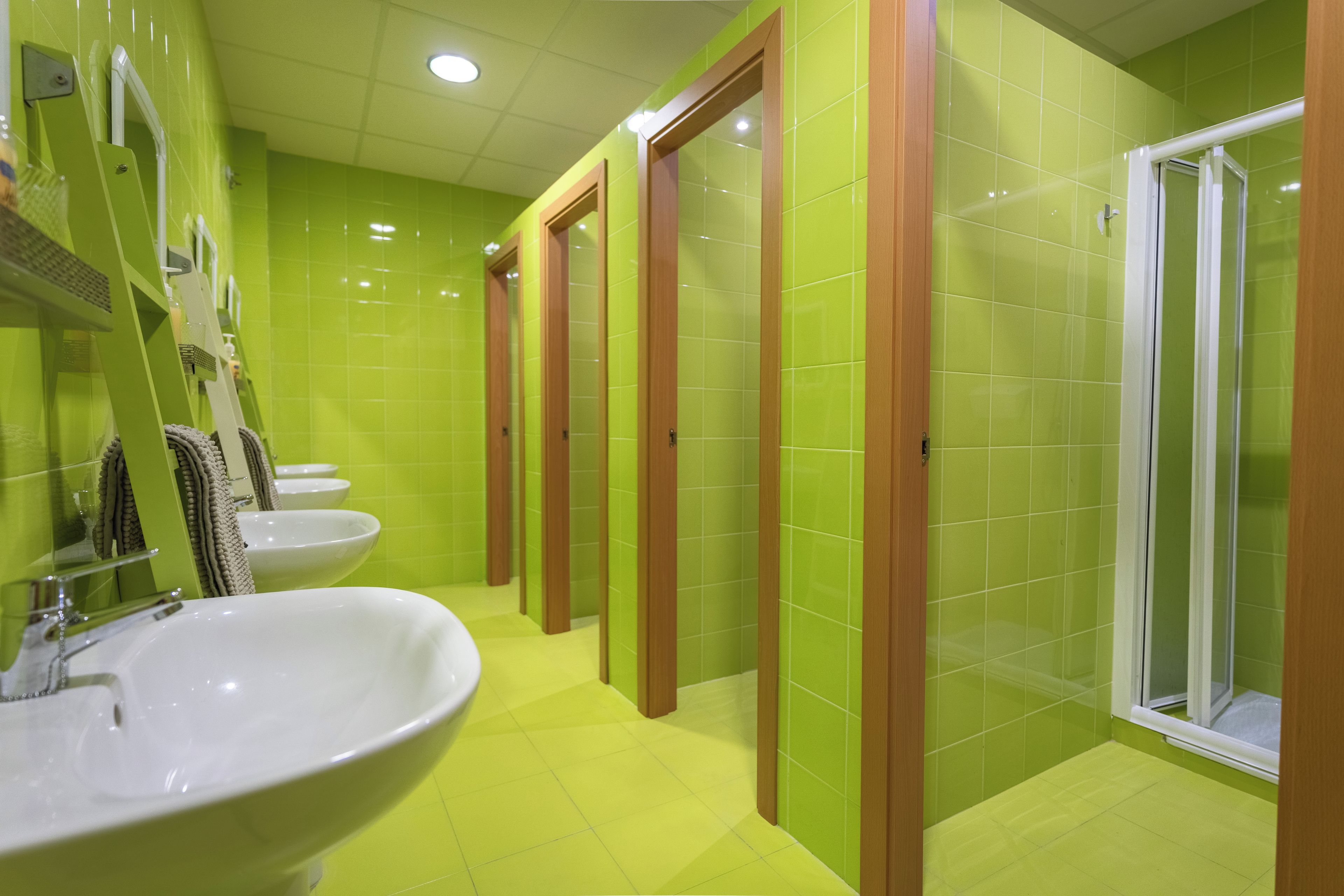 Un baño con paredes verdes, un lavamanos blanco y una zona de ducha.
