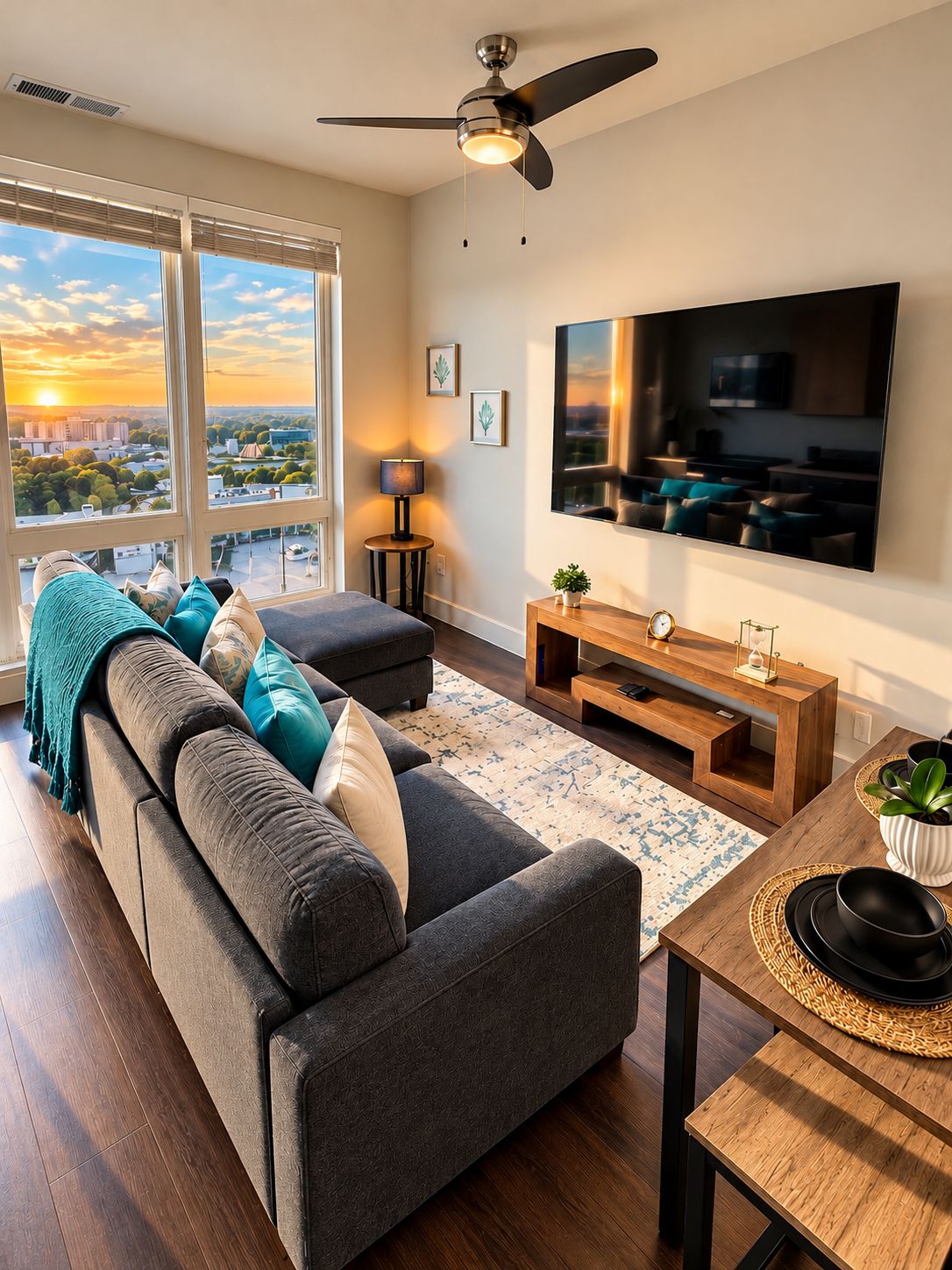 A modern living room with a large sofa, a coffee table, a TV, and a view of the city.