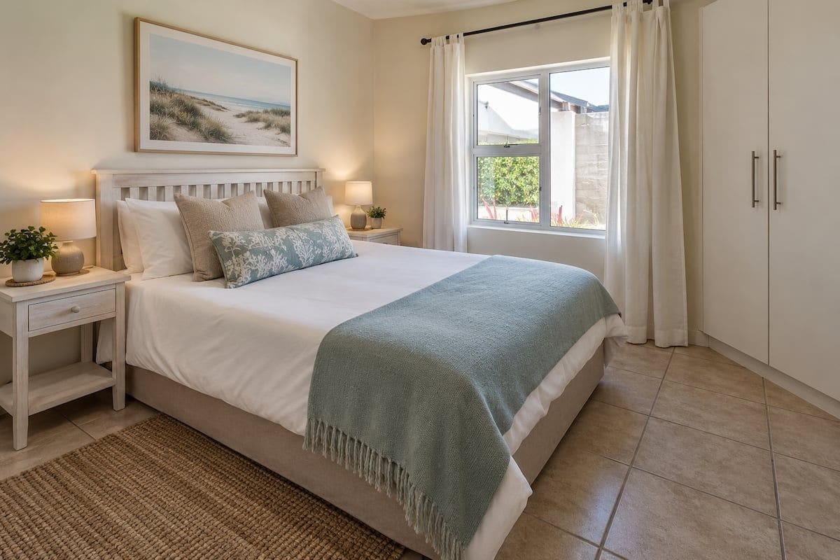 A bedroom with a bed, nightstands, a window with curtains, and a painting on the wall.