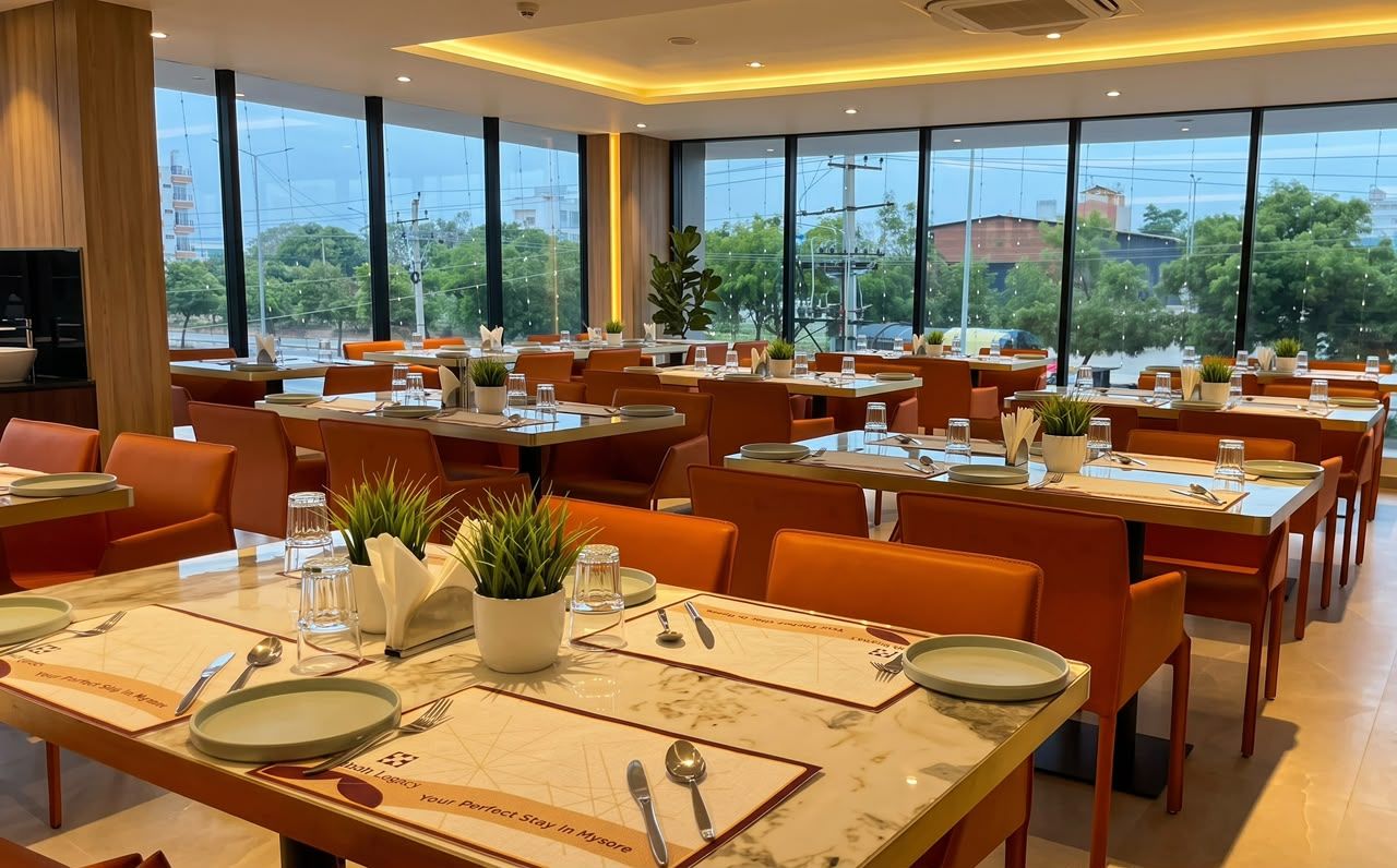 A restaurant with multiple tables, each set with plates, cutlery, and glasses.