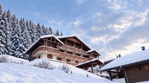 A multi-story wooden chalet with balconies, surrounded by snow-covered trees. - New Listing (Châtel)