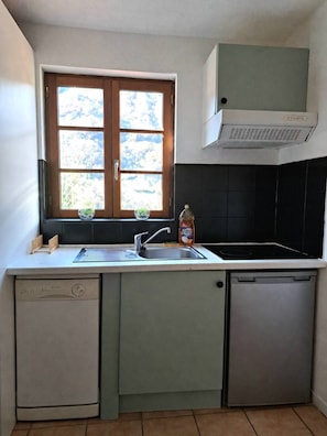 Een kleine keuken met een raam, een vaatwasser en een kookplaat.