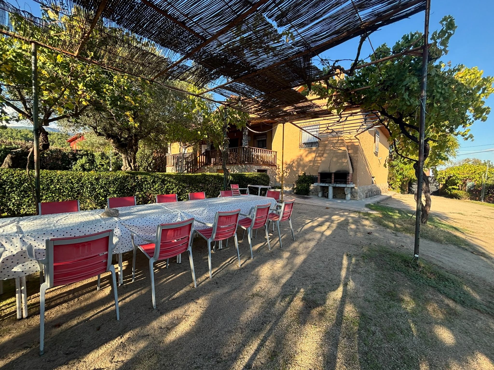 Un área de comedor al aire libre con una mesa larga y sillas rojas, rodeada de árboles y un edificio con balcón.