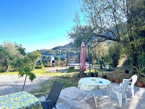 An outdoor patio with a table and chairs, a grill, and potted plants. - Appartamento Venere in Villa Daria (Chiavari)
