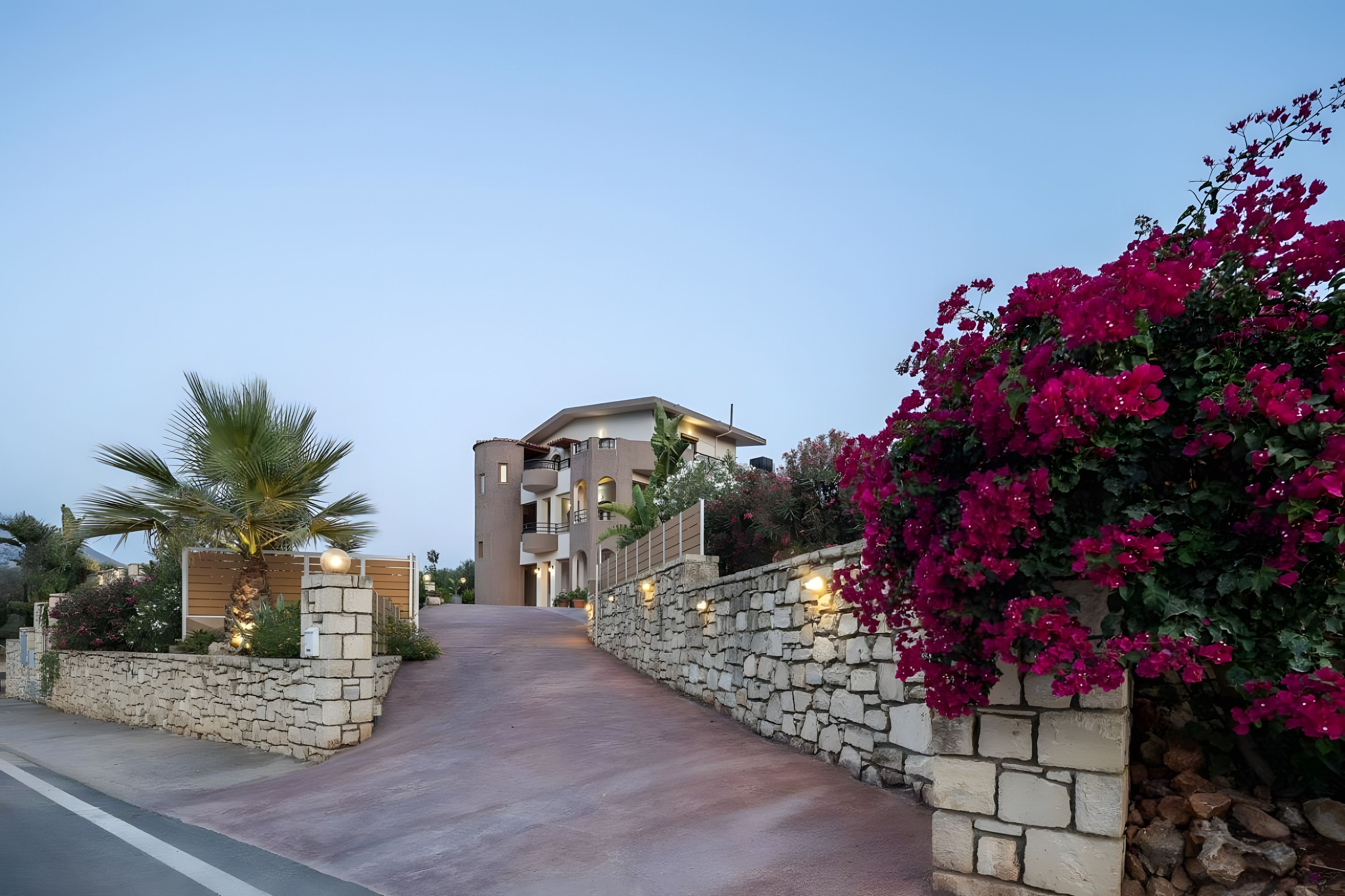 A pathway leading to a modern building with a stone wall on one side and a palm tree on the other.