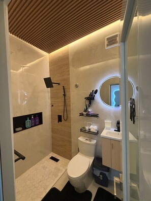 Un baño moderno con ducha, inodoro y tocador.