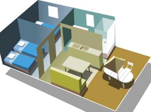 A 3D model of a hotel room with a bed, a desk, and a chair.