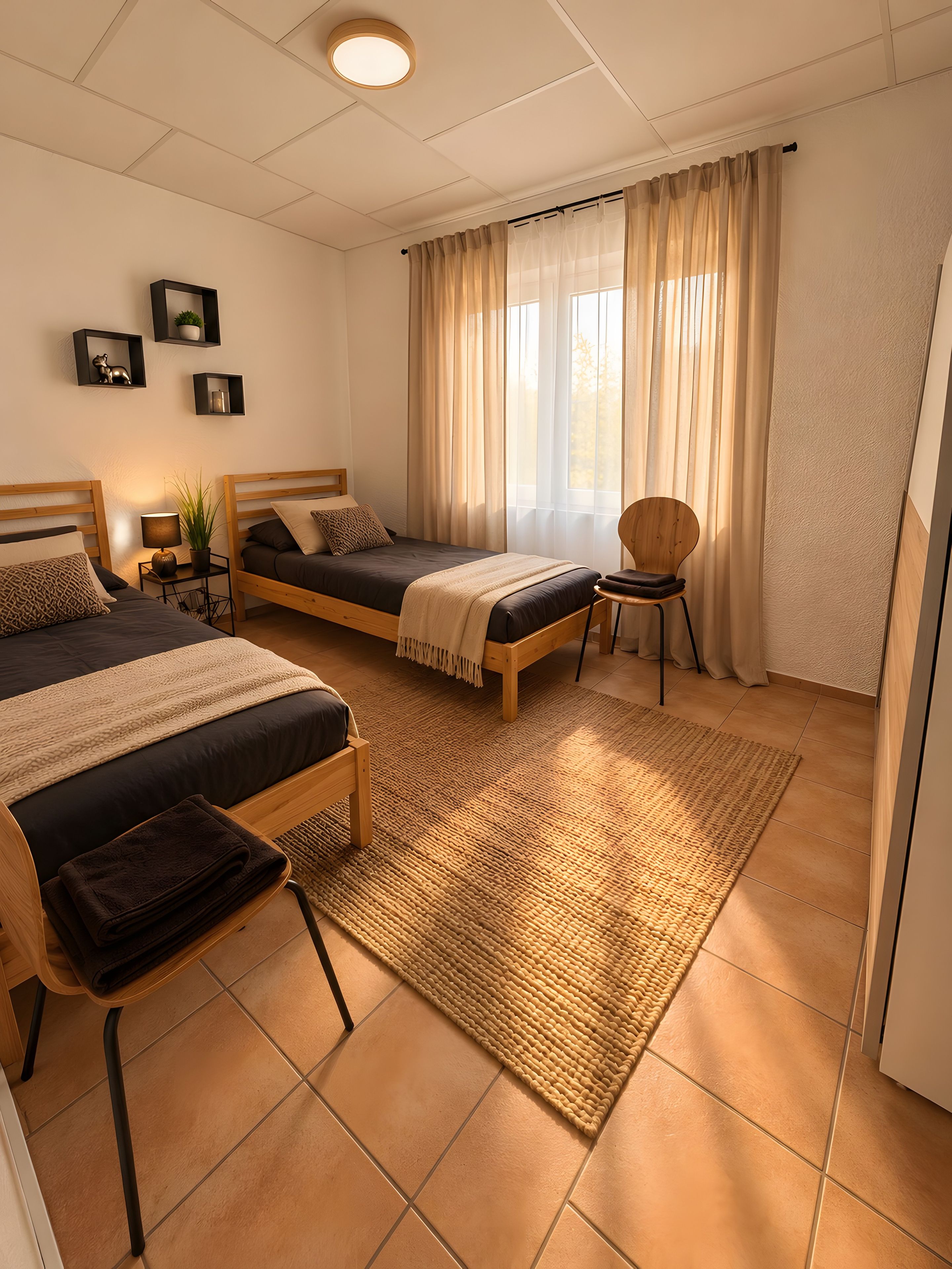 A bedroom with two beds, a chair, a bedside table with a lamp, and a window with curtains.