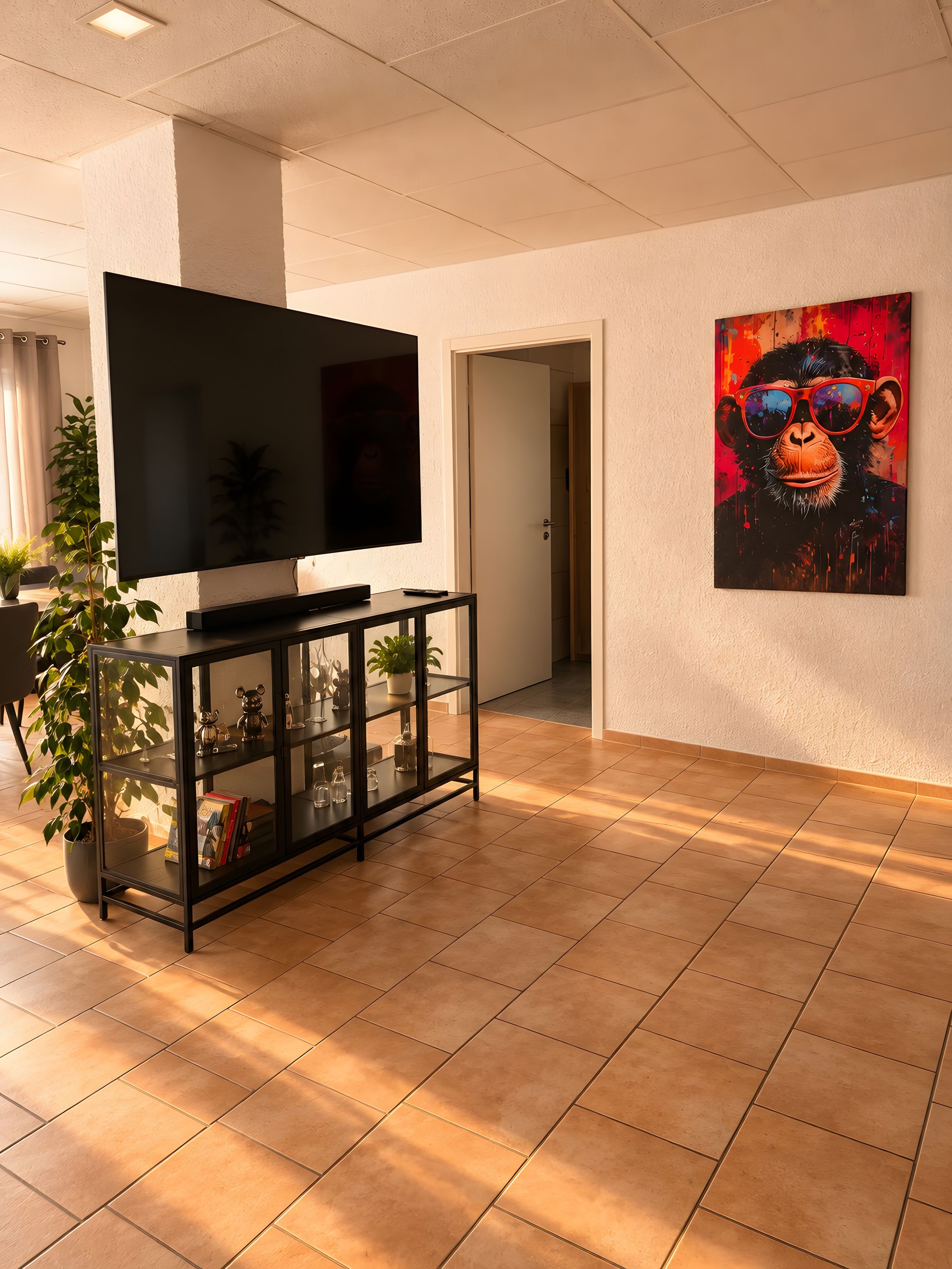 Een woonkamer met een flatscreen televisie op een zwart dressoir, een potplant en een schilderij van een aap aan de muur.