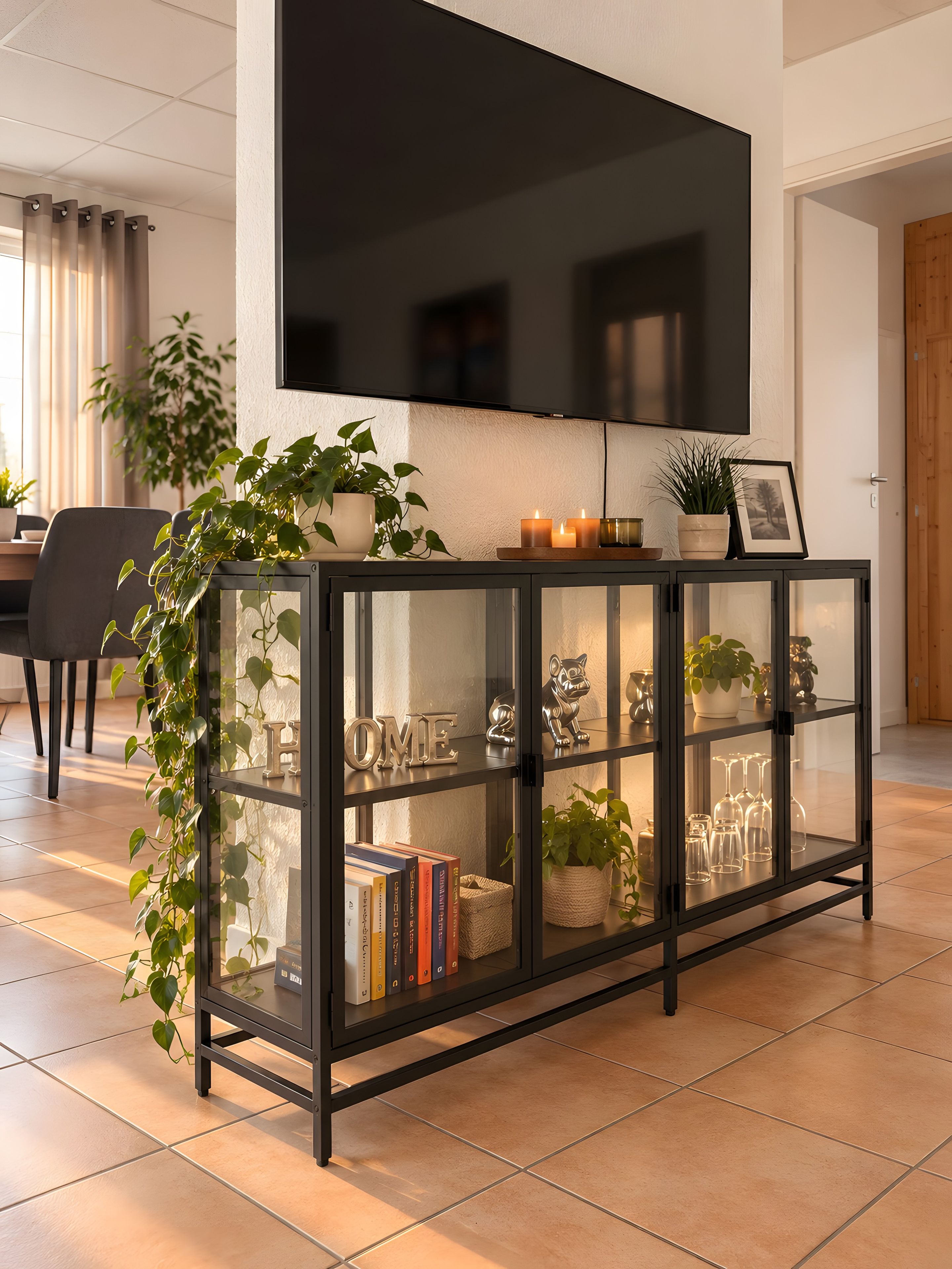 A modern living room with a glass-fronted console table, a flat-screen TV mounted on the wall, and a potted plant on the table.