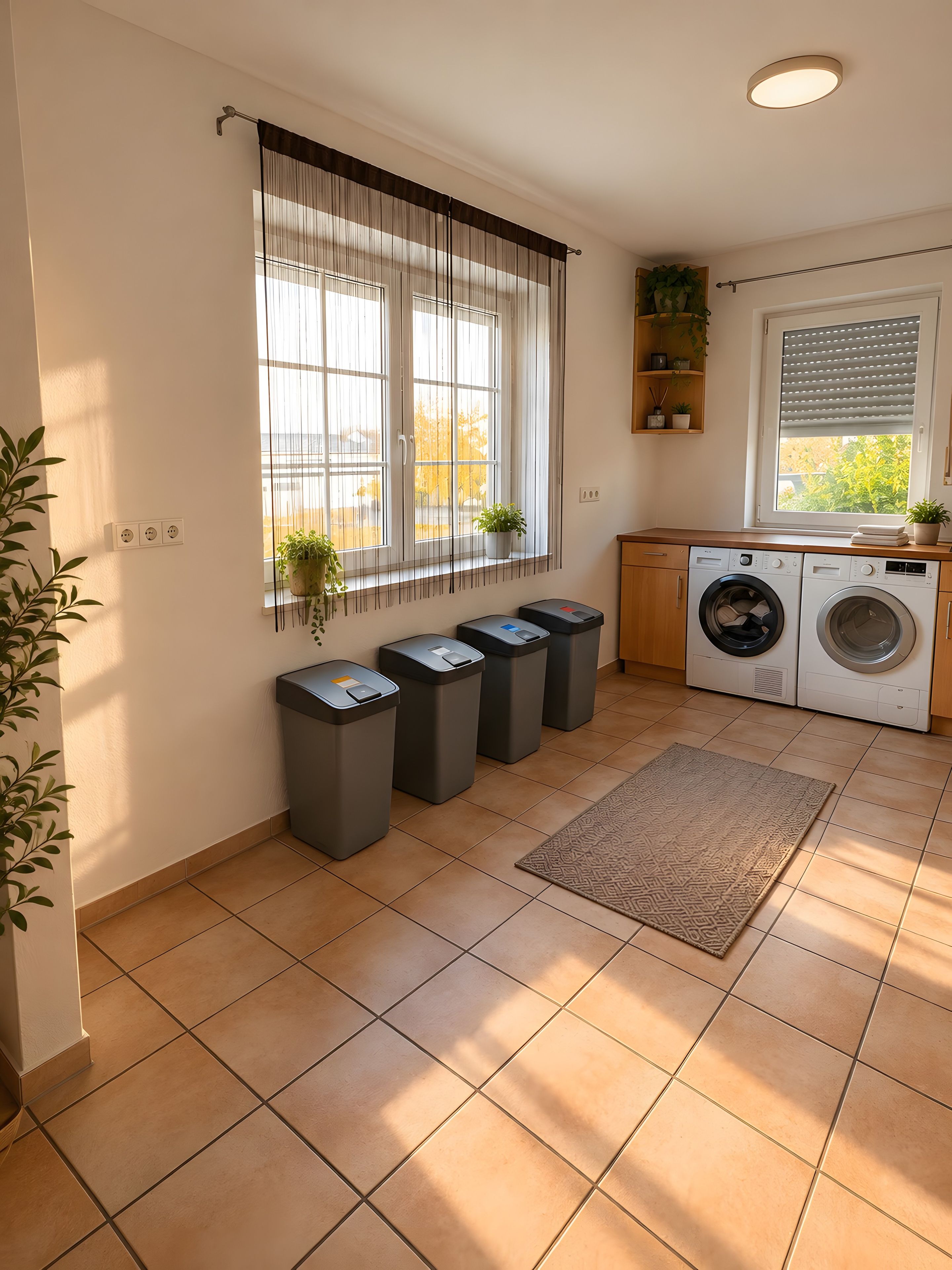 A laundry room with a washing machine, a dryer, and four trash bins.
