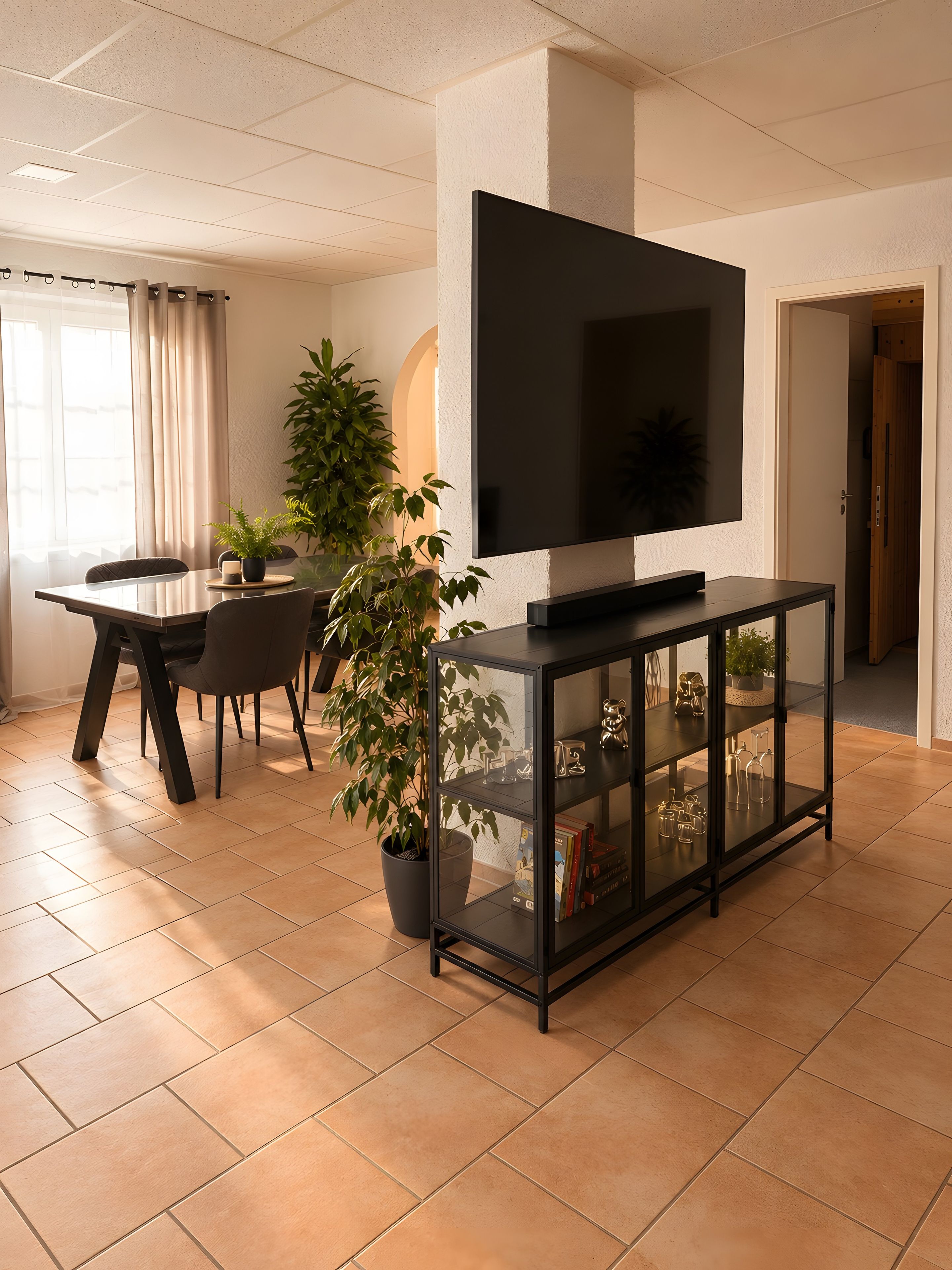 A modern living room with a flat-screen TV on a black console, a dining table with chairs, and a potted plant.
