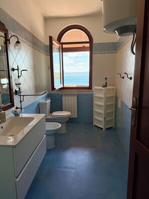 Een badkamer met een bad, toilet en wastafel. Er is een raam met uitzicht op zee.