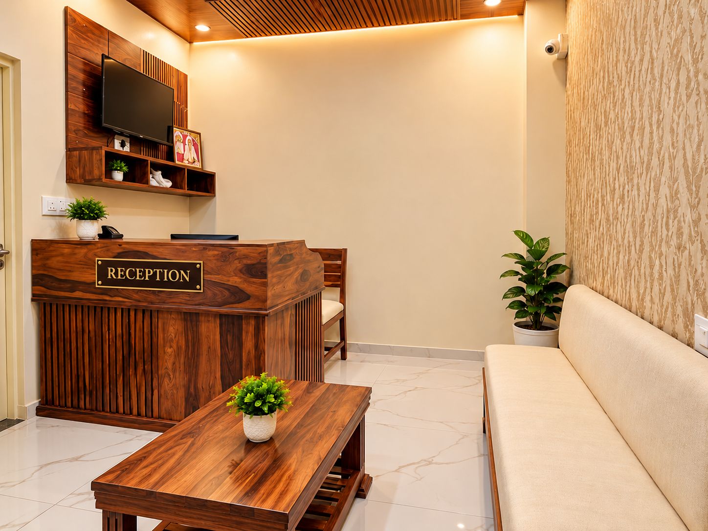 A reception area with a wooden reception desk, a flat-screen TV mounted above it, and a marble-tiled floor.