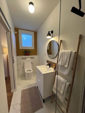 Une salle de bain moderne avec des toilettes, un lavabo et un miroir.