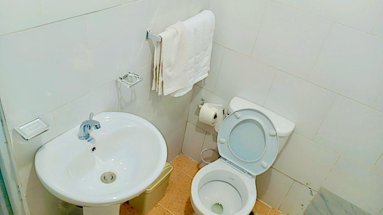 Een badkamer met een witte wastafel, toilet en handdoekhouder.