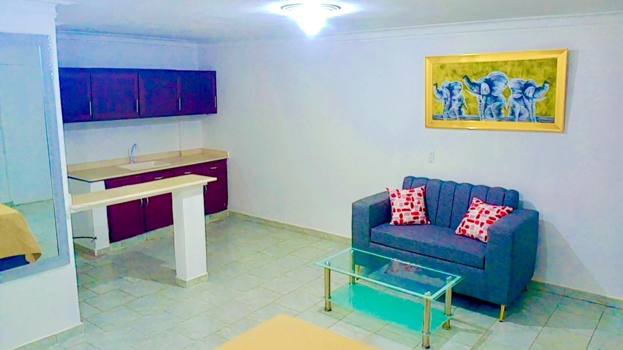 Een woonkamer met een blauwe bank, een glazen salontafel en een keuken met paarse kasten en een wit aanrecht.