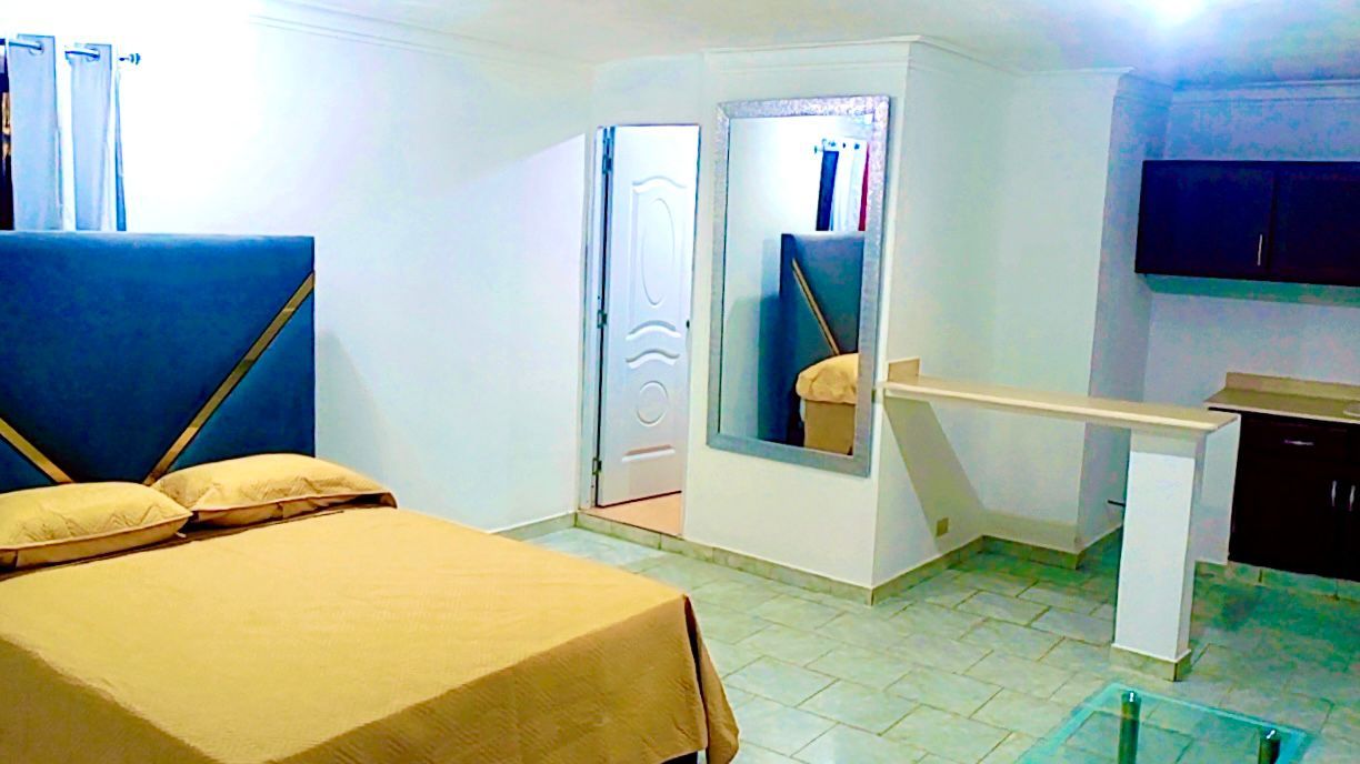 Een kamer met een bed, een bureau, een spiegel en een televisie.