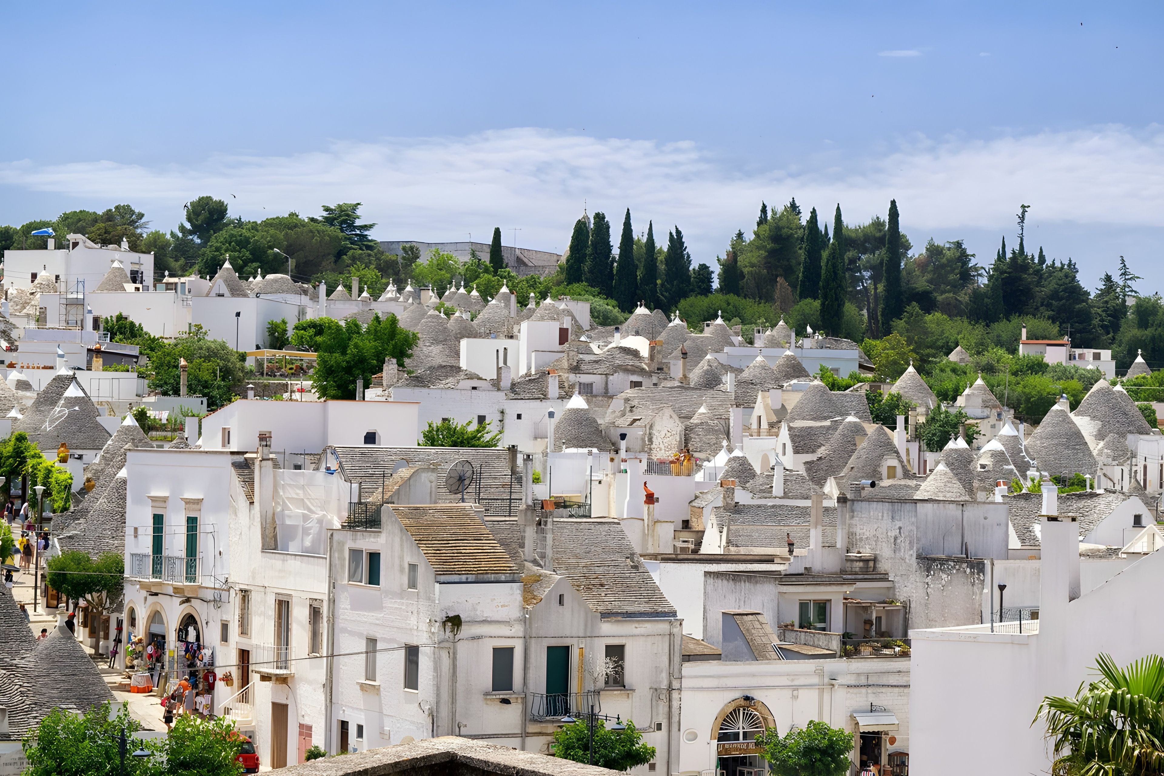 A densely packed village with traditional stone houses, narrow streets, and a backdrop of trees and hills.