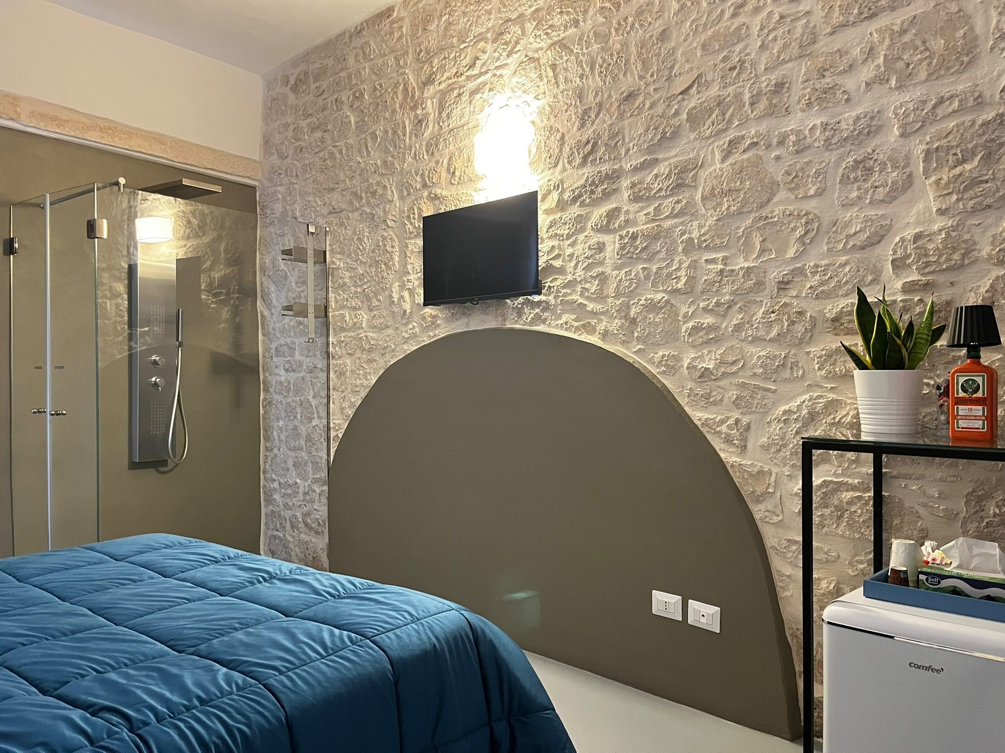 A bedroom with a stone wall, a mounted TV, a bed with a blue cover, a small table with a plant, and a cabinet with toiletries.