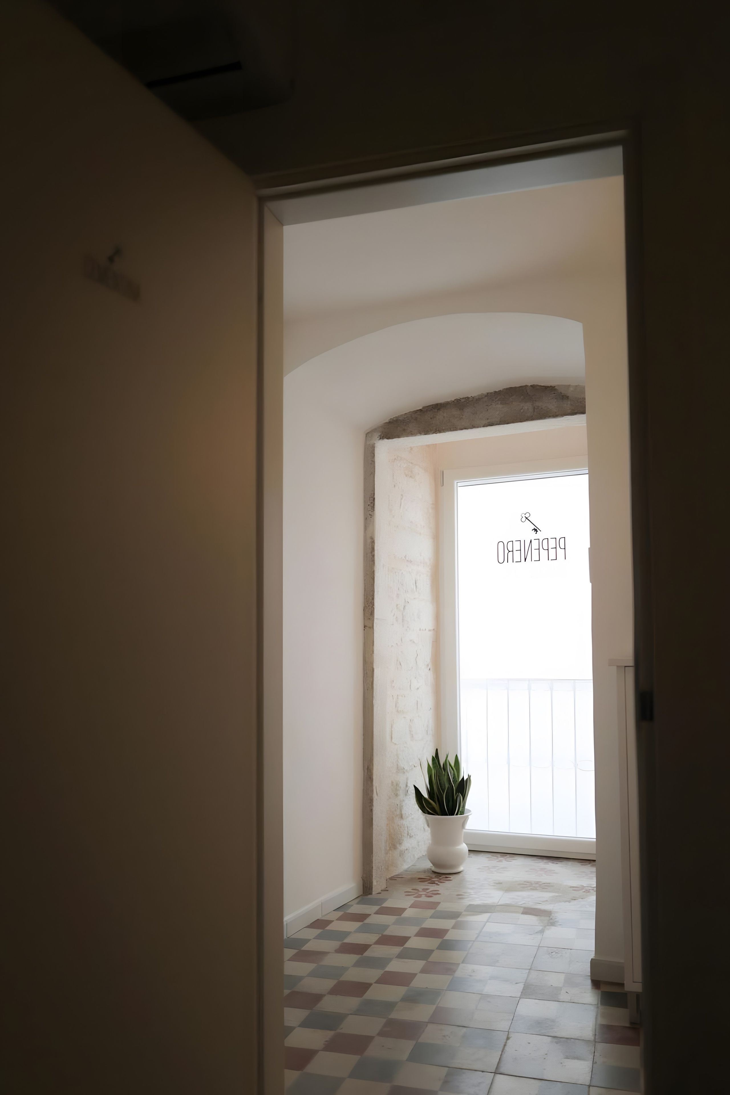 An interior hallway with a checkered floor, a white wall, and a potted plant.