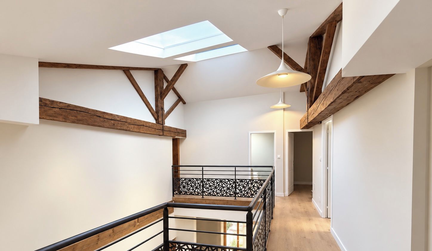 A modern interior with a wooden beam ceiling, skylights, and a staircase with a metal railing.