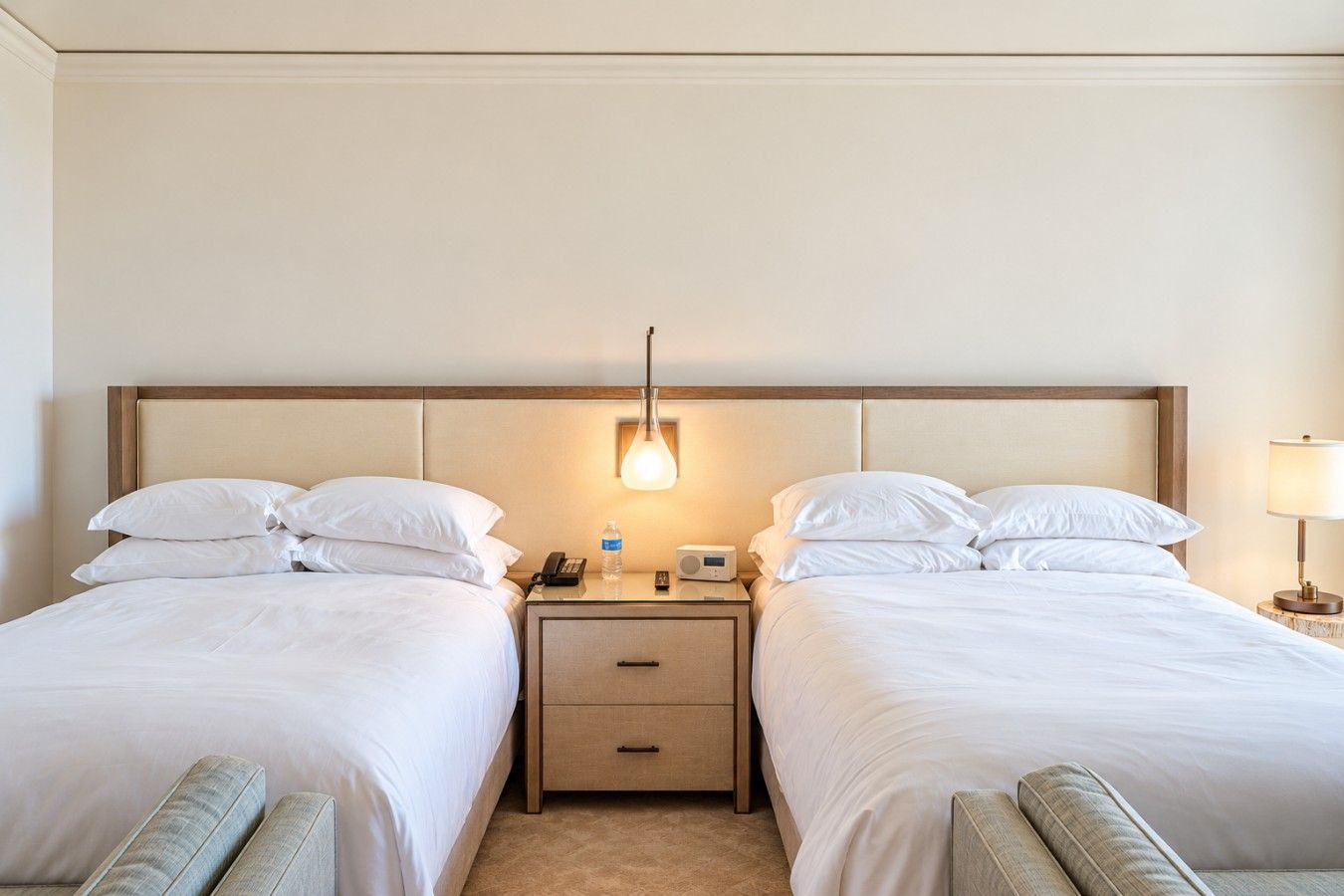 Une chambre d’hôtel avec deux lits, une table de chevet avec une lampe, une radio et une bouteille d’eau.