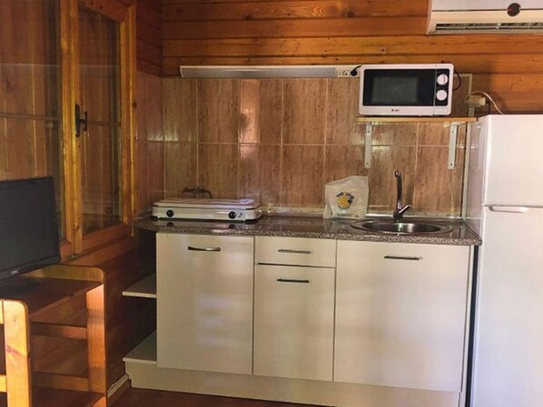 Una cocina compacta equipada con microondas, tostadora y pileta.