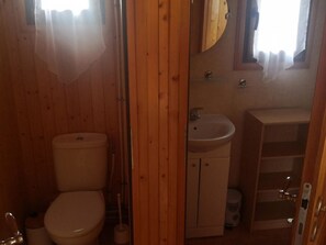 Casa de banho com painéis de madeira, vaso sanitário, lavatório e armário.