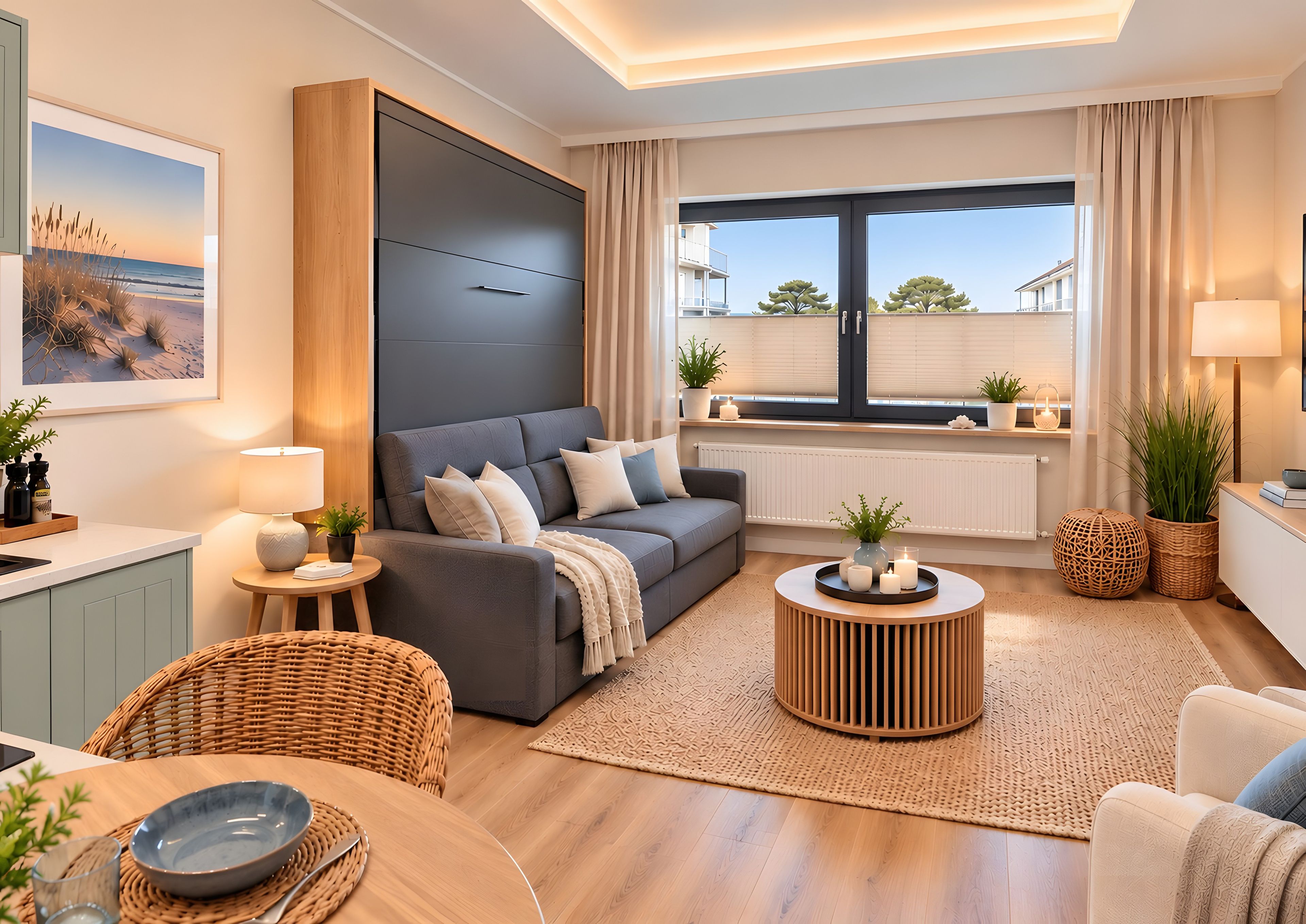 A modern living room with a grey sofa, a round coffee table, and a view of the sea through large windows.