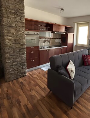 Una cucina moderna con mobili in legno e una parete decorata con pietra, un divano grigio con cuscini decorativi e un pavimento in legno.