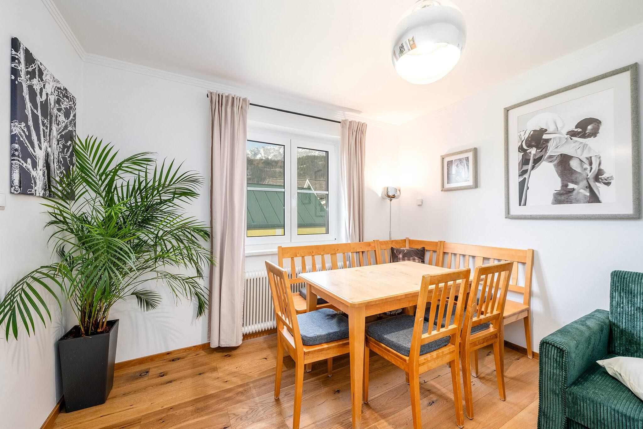 A dining area with a wooden table and chairs, a potted plant, and a window with curtains.