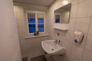 Ein Badezimmer mit einem weißen Waschbecken, einem Spiegel, einem Fenster mit Blick auf eine verschneite Landschaft und einer Seifenspender.