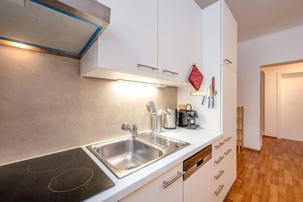 A modern kitchen with a double sink, stainless steel appliances, and a built-in oven. - Alpine Zeitgeist Apartment (Gröbming)