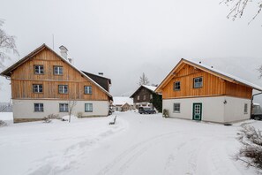 Una casa de fusta amb un camí d'accés cobert de neu i una porta verda.