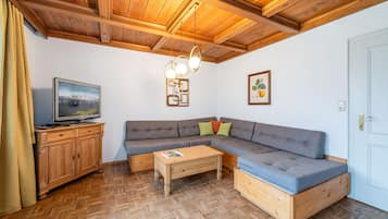 Ein gemütliches Wohnzimmer mit Holzboden, einem Fernseher, einem Sofa, einem Couchtisch und einer Tür.