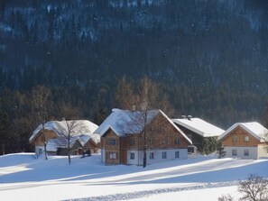 Eine Reihe von Holzhäusern mit schneebedeckten Dächern vor einer bewaldeten Berglandschaft.