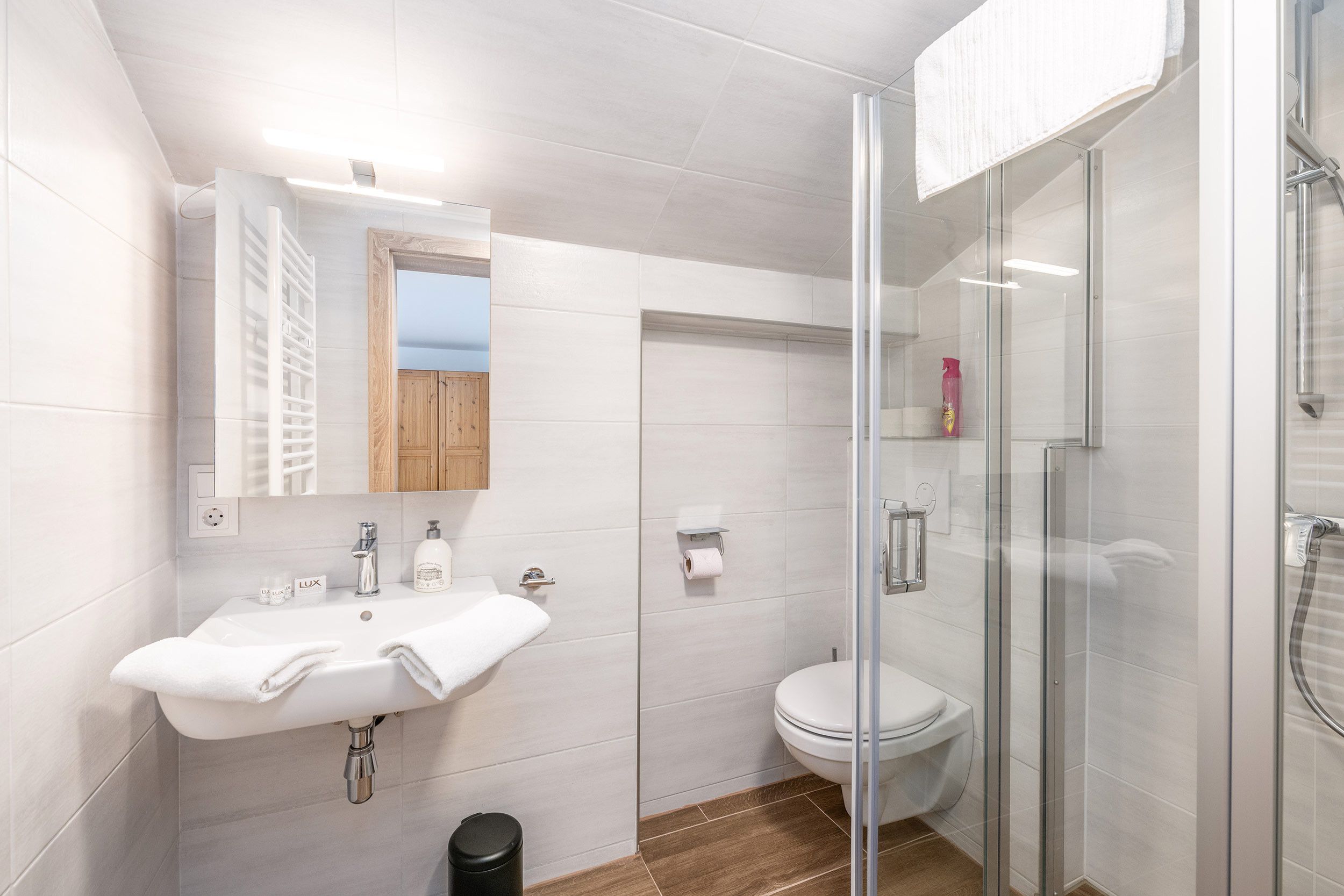 A modern bathroom with a glass shower enclosure, a white sink, and a toilet.