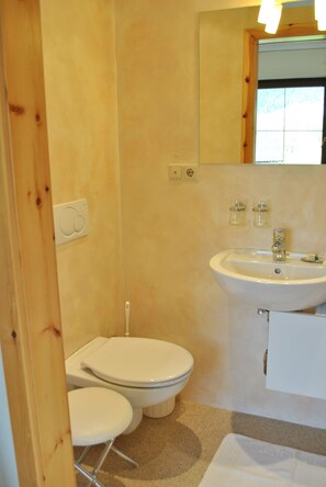 Une petite salle de bain avec des toilettes, un lavabo et un miroir.