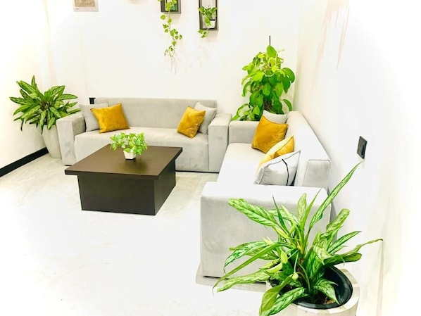 A modern living room with a grey sofa, a coffee table, and potted plants. - Villa Lithu (Weligama)