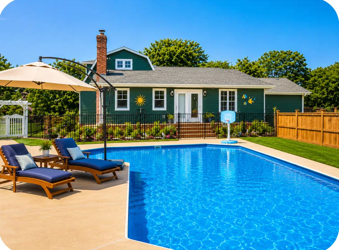 A swimming pool with lounge chairs and a house in the background.