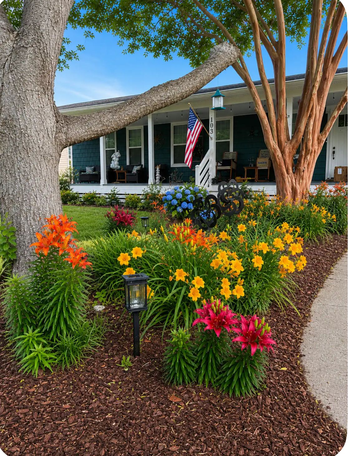 A house with a porch, an American flag, and a variety of flowers.