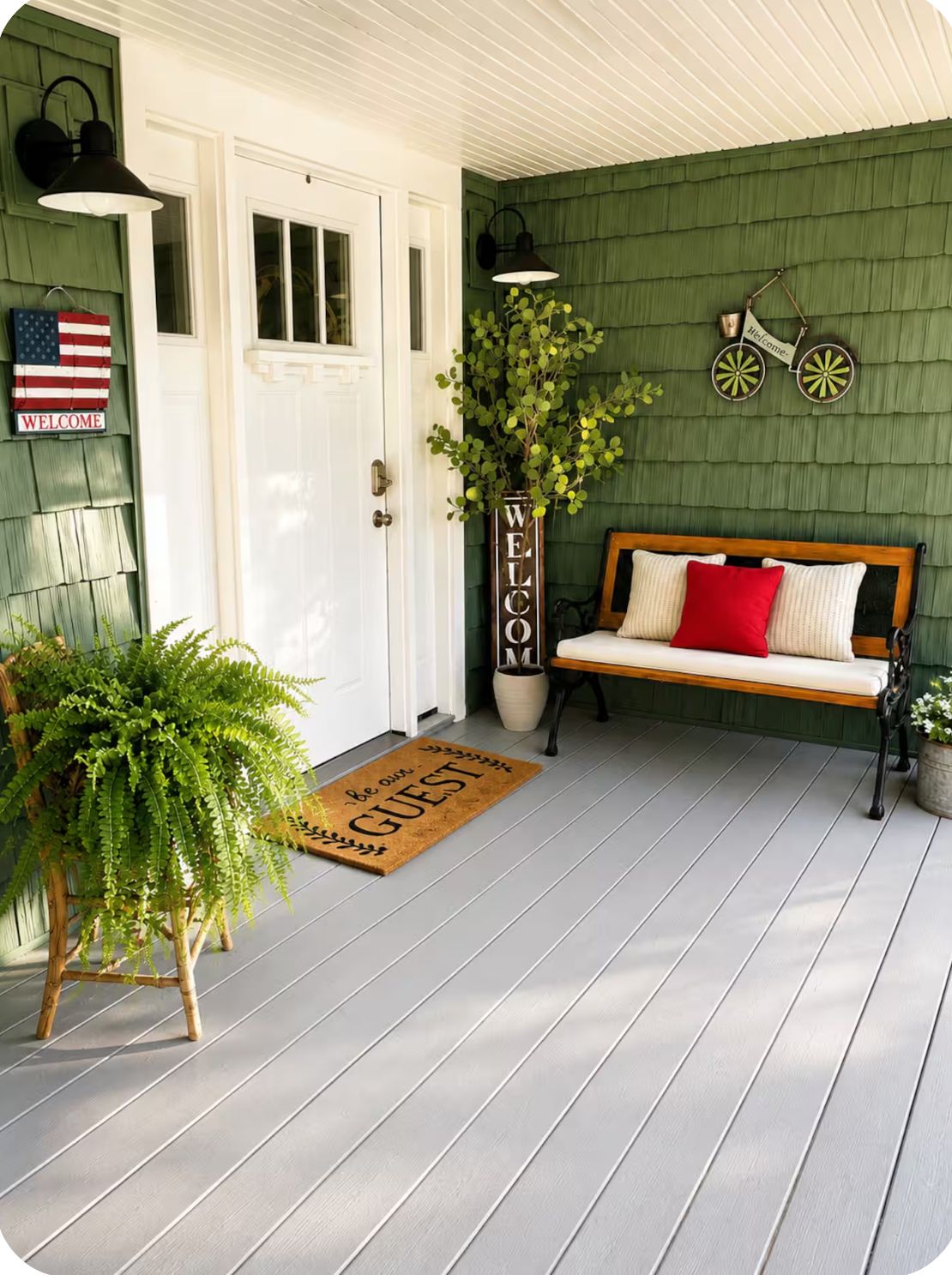 A porch with a bench, a welcome sign, a doormat, and a potted plant.