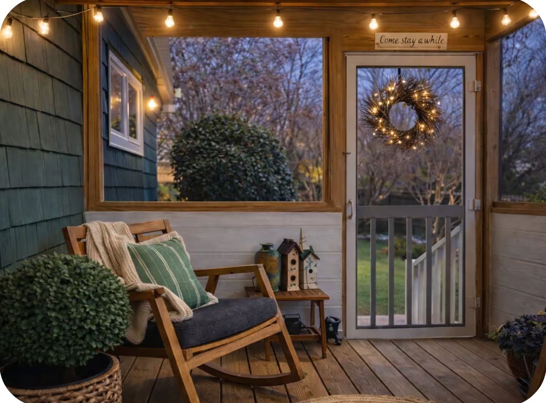 A porch with a rocking chair, a small table, and a wreath on the door.
