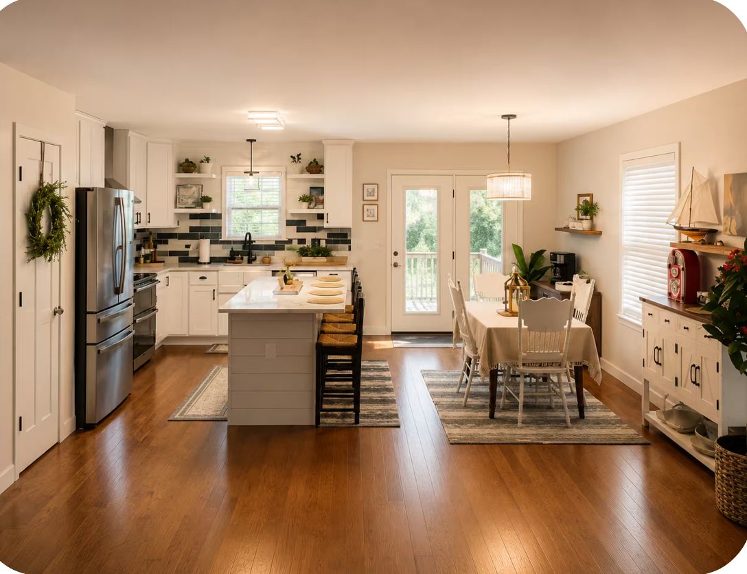 A kitchen with white cabinets, a refrigerator, a dining area with a table and chairs, and a window with blinds.